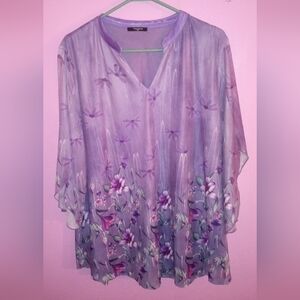 VALOLIA XXL Women Soft Mesh Pullover Lined Purple 3/4 Flare Sleeve Floral Top